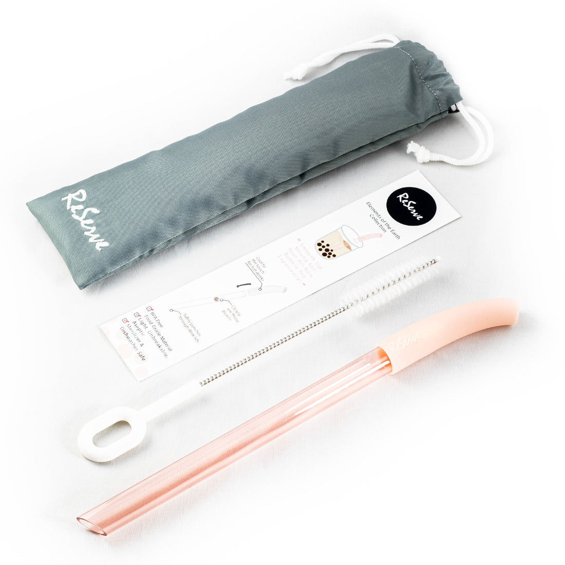 Rose gold bubble tea straw, reusable bag, and cleaning brush
