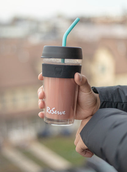 ReServe x KeeCup Bundle: Black Band Doubled-walled reusable cup &amp; Blue Island Paradise Silicone Straw with a smoothie drink