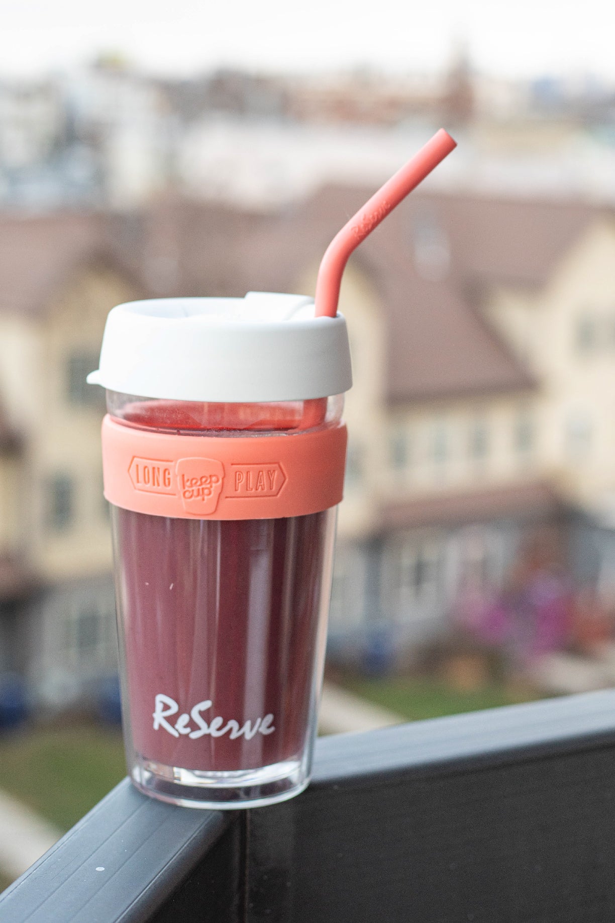 ReServe x KeeCup Bundle: Pink Band Doubled-walled reusable cup & Pink Living Coral Silicone Straw with a smoothie drink