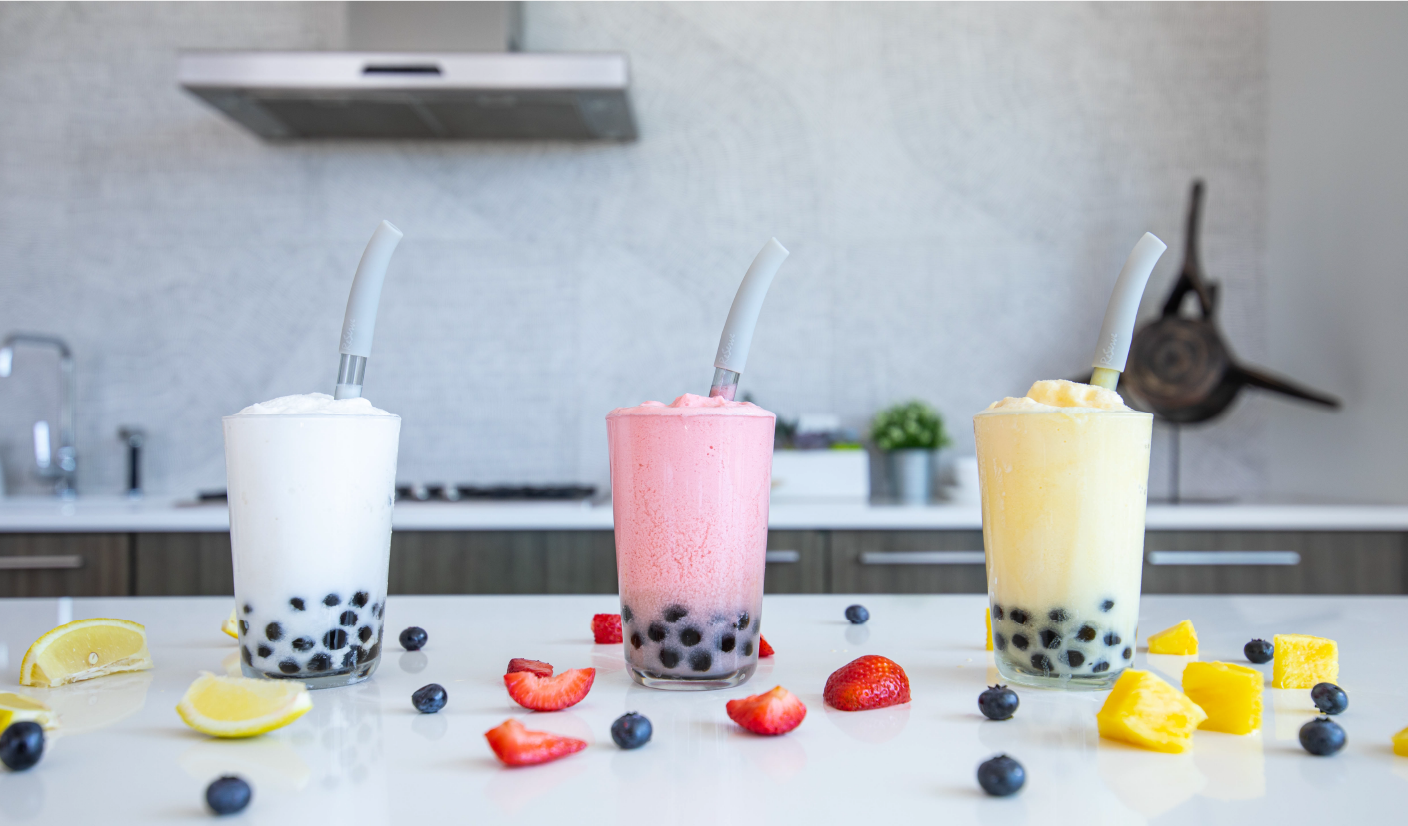ReServe silver bubble tea reusable straws in the three glasses of smoothie drink with bubble or boba pearls 