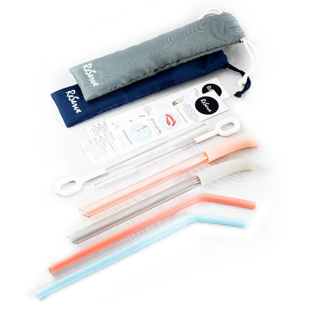 Bundle Set All: 1 Blue Silicone Drinking Straw, 1 Coral Pink Silicone Drinking Straw, 1 Silver Bubble Tea Straw, 1 Rose Gold Bubble Tea Straw, 2 Labels, 2 Cleaning Brushes, 2 Bags