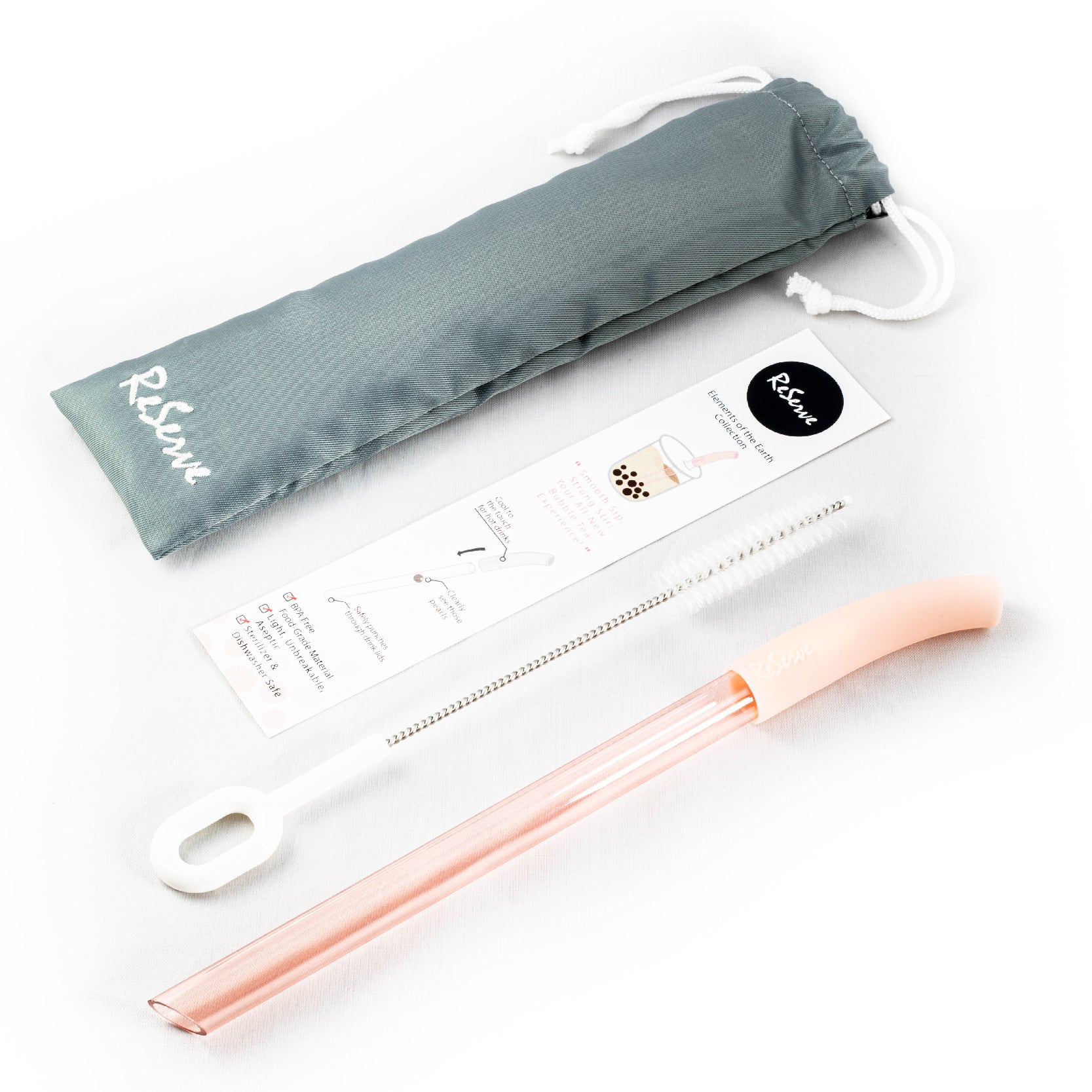 Rose gold bubble tea straw, reusable bag, and cleaning brush