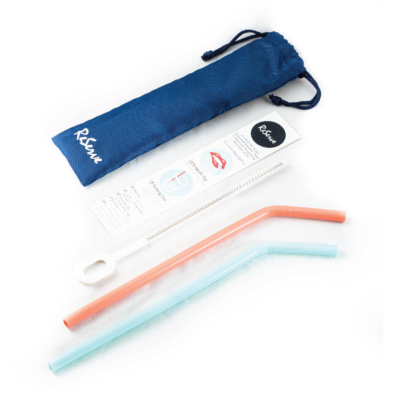 A set of two silicone straws; pink living coral color and blue island paradise color. A set comes with one cleaning brush and one reusable bag.