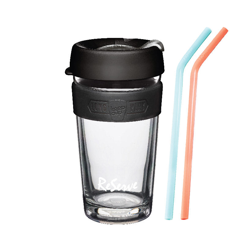 ReServe x KeeCup Bundle: Black Band Doubled-walled reusable cup &amp; Blue Island Paradise Silicone Straw &amp; Pink Living Coral Silicone Straw