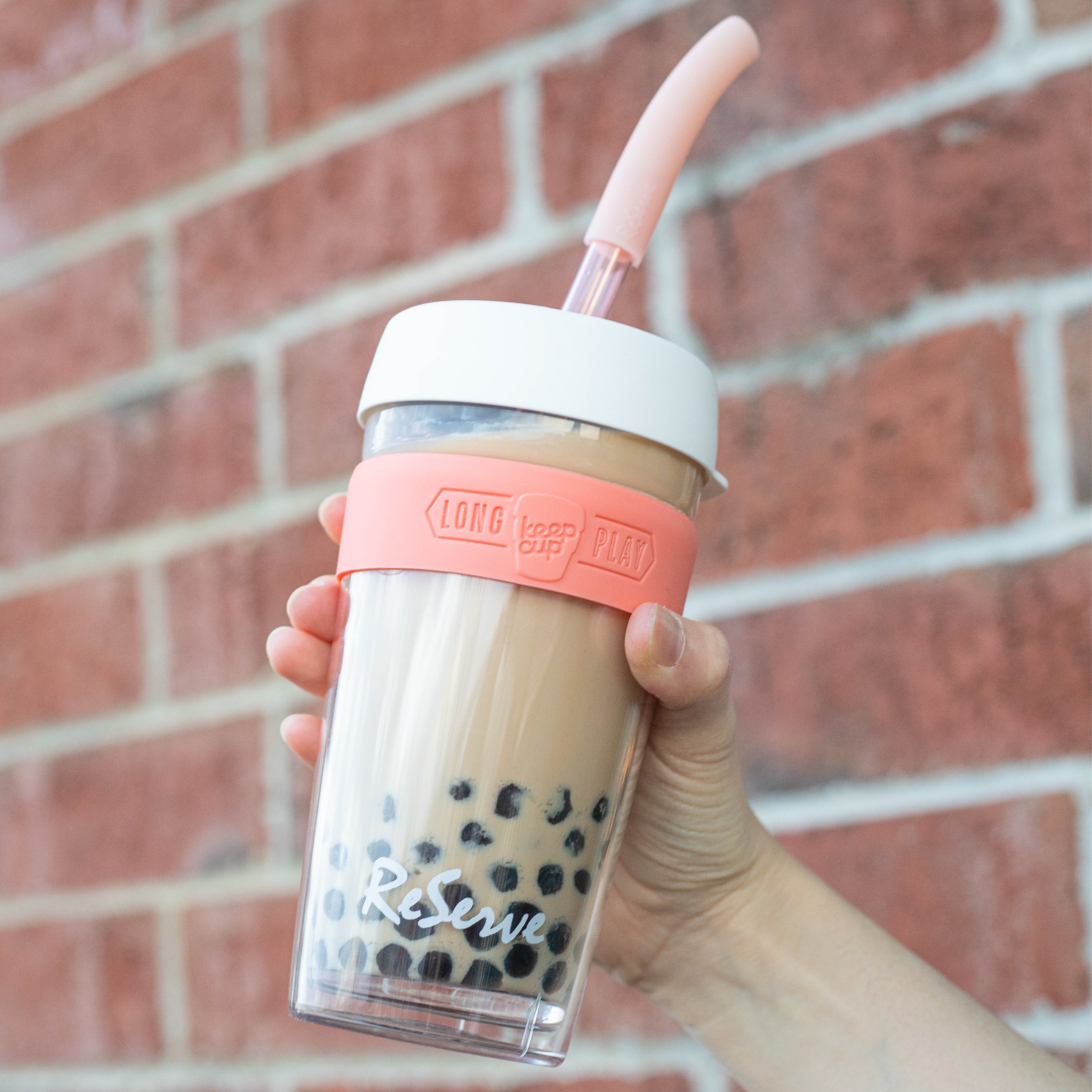 ReServe x KeepCup: Pink Band Double-Walled Cup &amp; ReServe Rose Gold Bubble Tea Straw with brow sugar milk tea drink